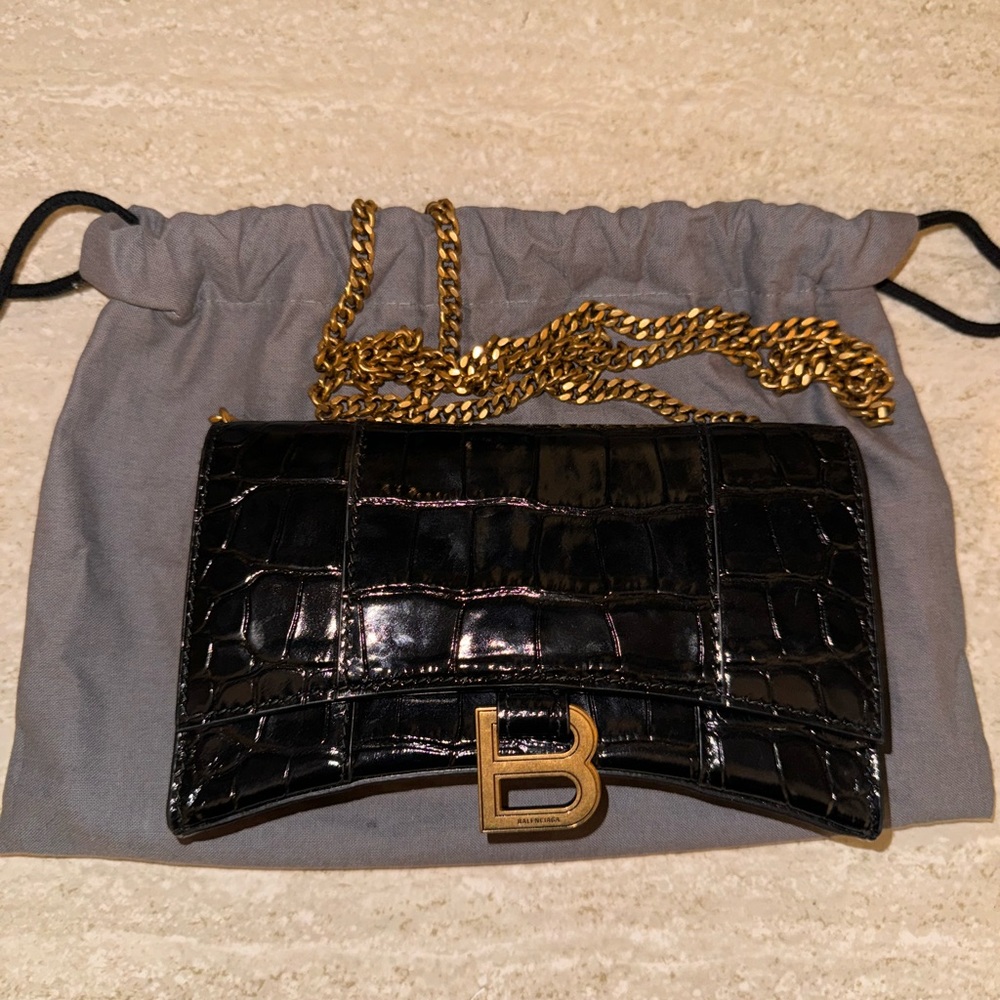 Balenciaga XS Hourglass Wallet on Chain Crocodile Embossed
